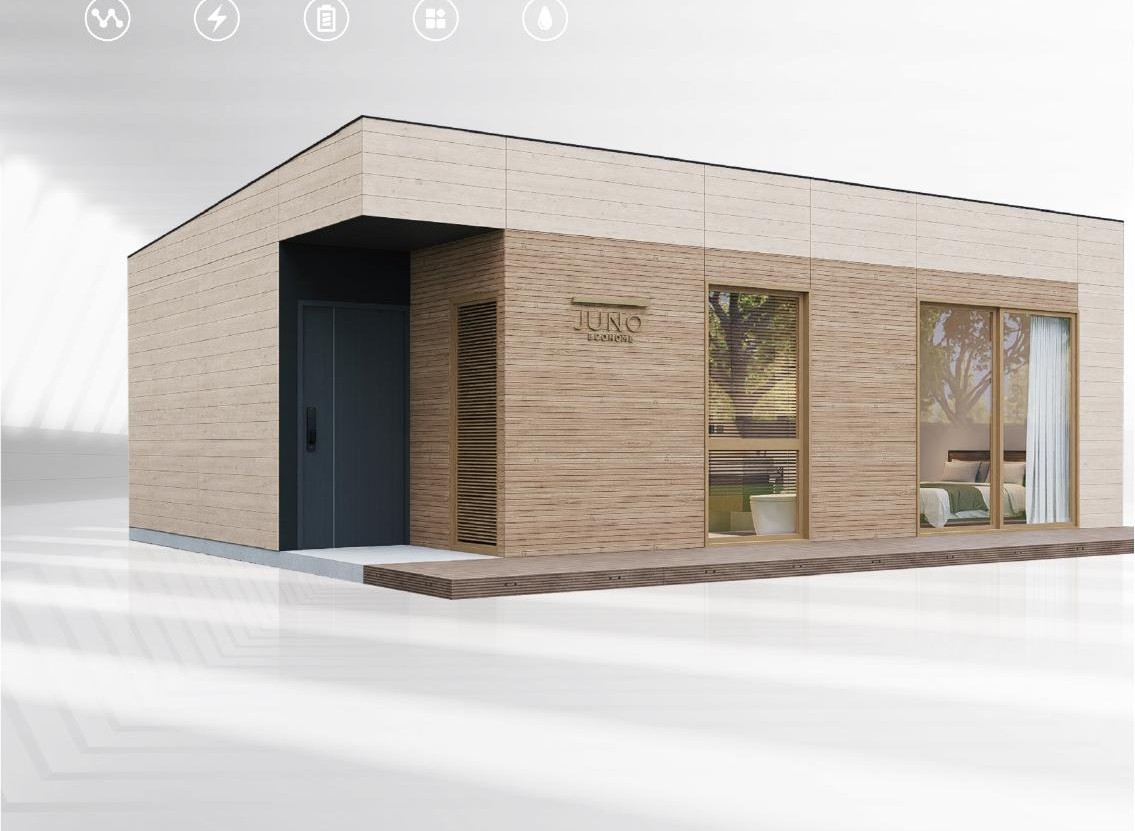 JUNO Housing timber-clad modular home with deck